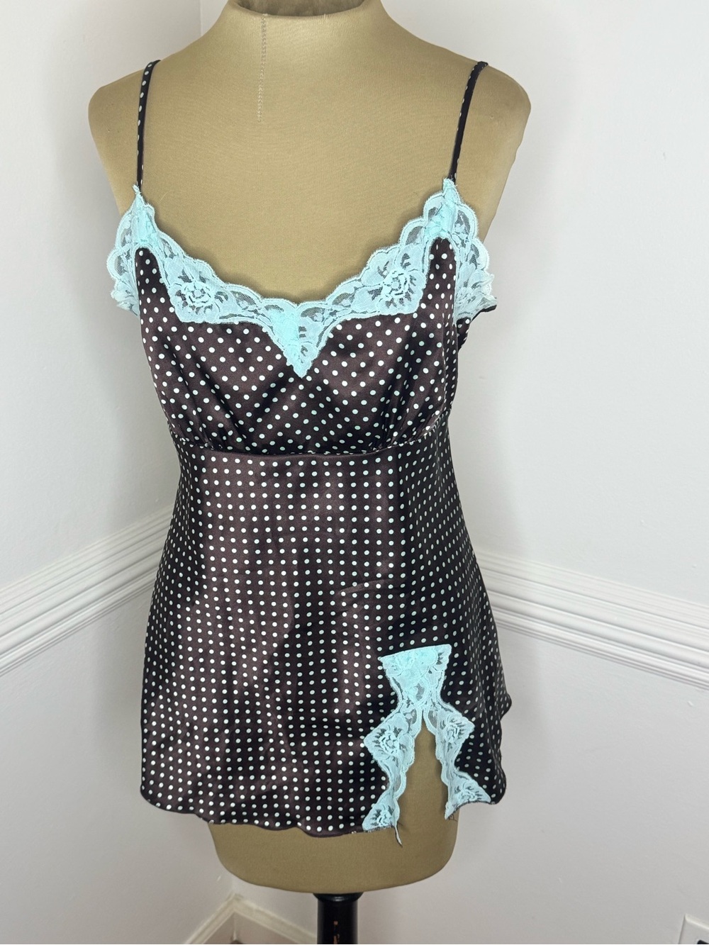 Self Esteem Brown Polka Dot Satin Chemise with Mint Lace
